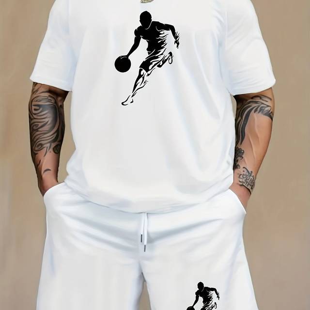 TEMU White Men's Stylish Casual Sports Outfit Consisting Of A Short-sleeve Top And Pants, A Two-piece Set.