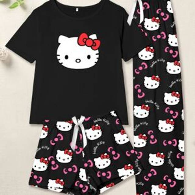 TEMU Hello Kitty Ladies Sleepwear, 3pcs Set, Long Pants Short Sleeve Top Short Pants, Polyester, Simple Crew Neck, Cartoon Pattern, 150g/m² Knit Fabric, For Adult, Spring/summer