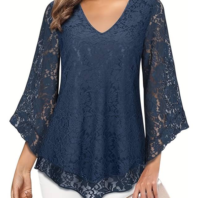 TEMU 1pc Elegant V-neck Lace Bell Sleeve Blouse For Women, Polyester Stretch Fabric, Regular Length, Solid With Ruffle Detail, Pullover Style