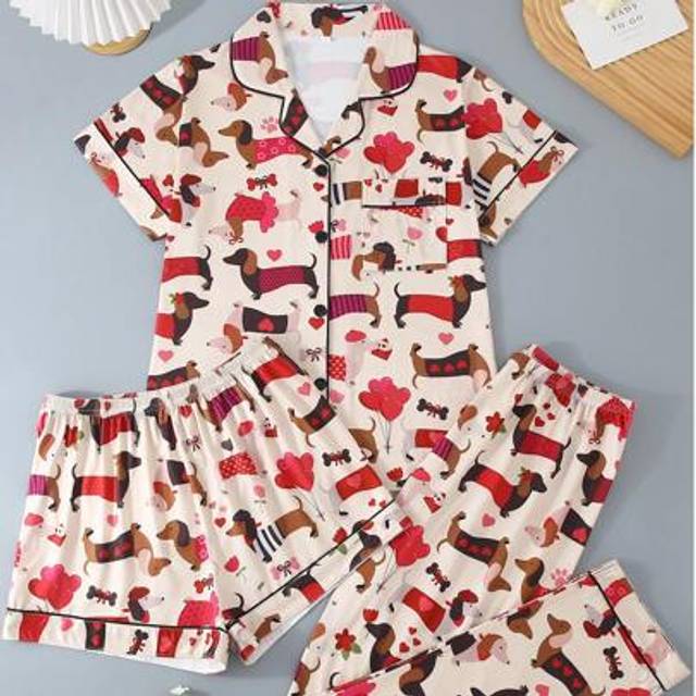 SHEIN 3pcs Sets Women&#39;s Sleepwear, Short Sleeve Top, Shorts And Long Pants, Lapel Button Front Tee. Suitable For All Seasons, Casual Home Wear, Loose & Comf