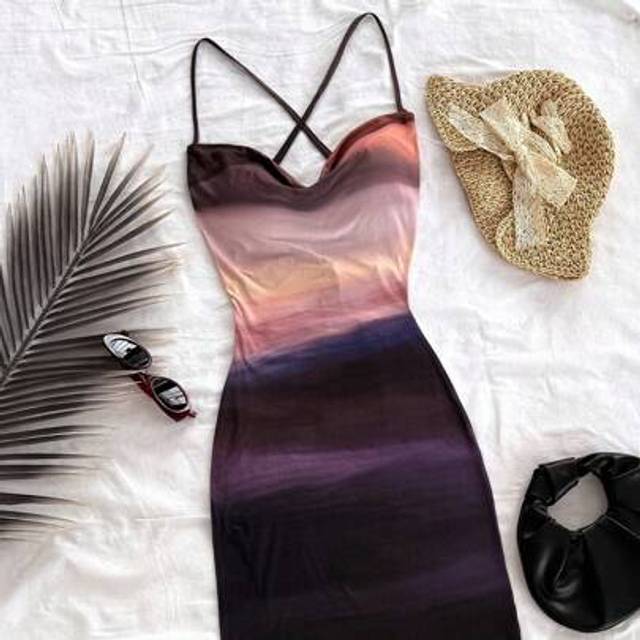 Soleia WYWH Vacation Tie Dye Backless Tie-Up Plunge Neck Bodycon Dress,Rave Outfits Festival