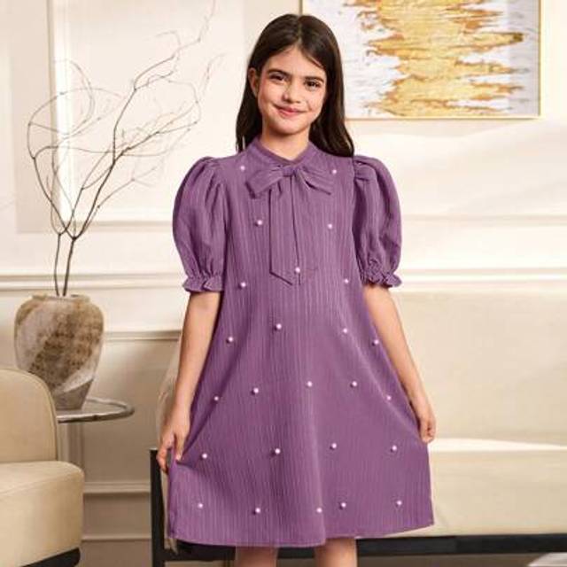 SHEIN Tween Girls&#39; Casual Elegant Pearl Beaded Puff Sleeve A-Line Woven Texture Solid Color Dress With Large Bow Decor