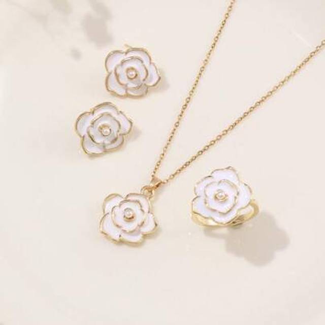 SHEIN 3pcs/Set Girls Fashion Camellia Flower Pearl Jewelry Set - Necklace, Earrings, Ring