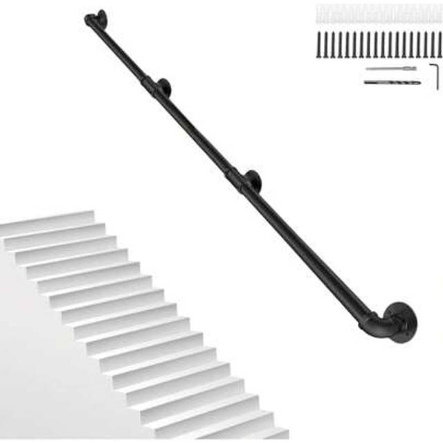 SHEIN 12FT/3.6M Pipe Stair Handrail Metal Railing Staircase Handrails Wall Mount Non-Slip Safety Stair Rail Outdoor Indoor Industrial Pipe Handrail Black St