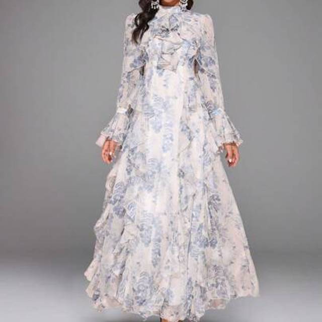 SHEIN Women&#39;s Frill Trim Flowy Long Dress With Random Floral Print, Elegant,Party Dress,Gown,Formal,Evening,Wedding Guest