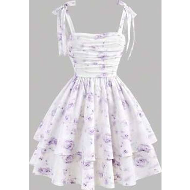 SHEIN Tween Girl Spaghetti Strap Bow Cute & Elegant, Ruched Waist A-Line Layered Ruffle Ditsy Floral Mesh Tea Party Dress, Suitable For Spring/Summer, Vacat