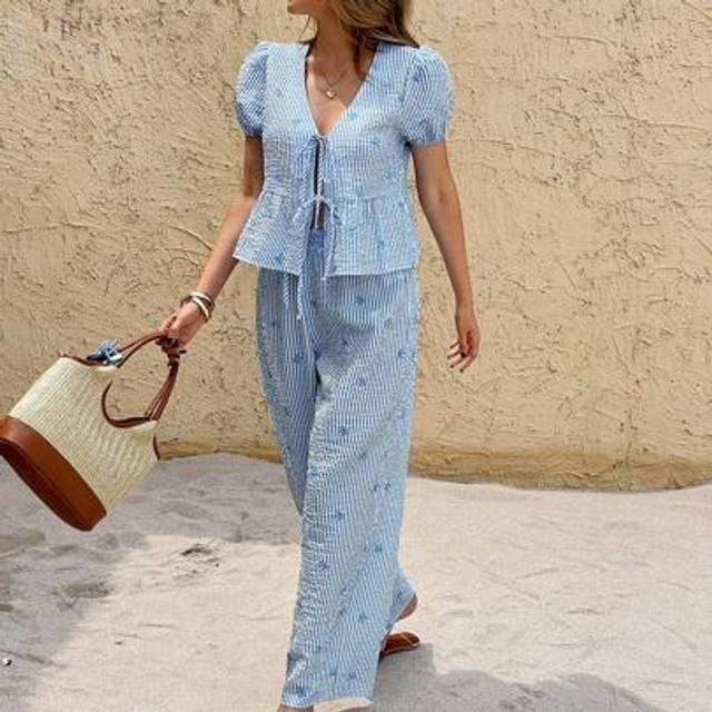 Serisse Women 2pcs Set Striped Print Ruffle Hem Short Sleeve Top & Long Pants