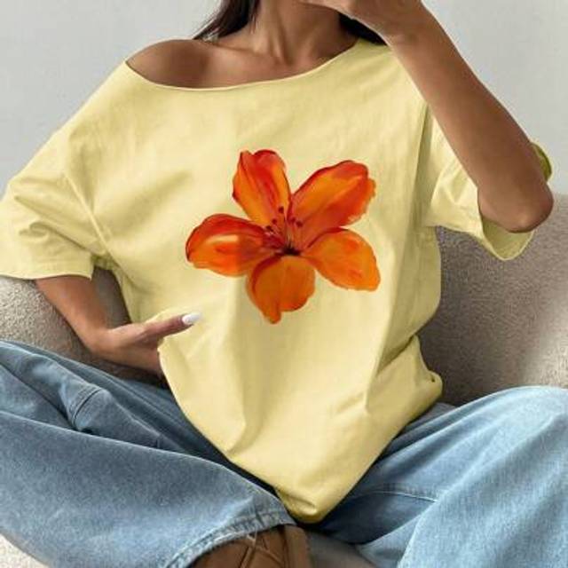 Flirla Women Oversized Asymmetrical Neck Floral Print Short Sleeve Loose T-Shirt, Yellow