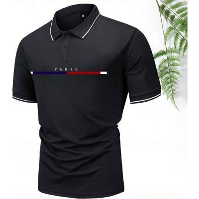 SHEIN Men&#39;s Summer Short Sleeve POLO Shirt, Minimalist Vintage Striped Paris Print Lapel Thin Casual Sports Outdoor Top, Versatile