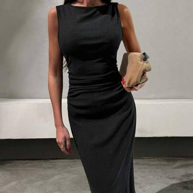 SHEIN Women&#39;s Solid Color Round-Neck Sleeveless Shoulder Bow Detailed, Side Gathering Dress Long Women Outfit Women S Clothes Women Dresses Birthday Women B