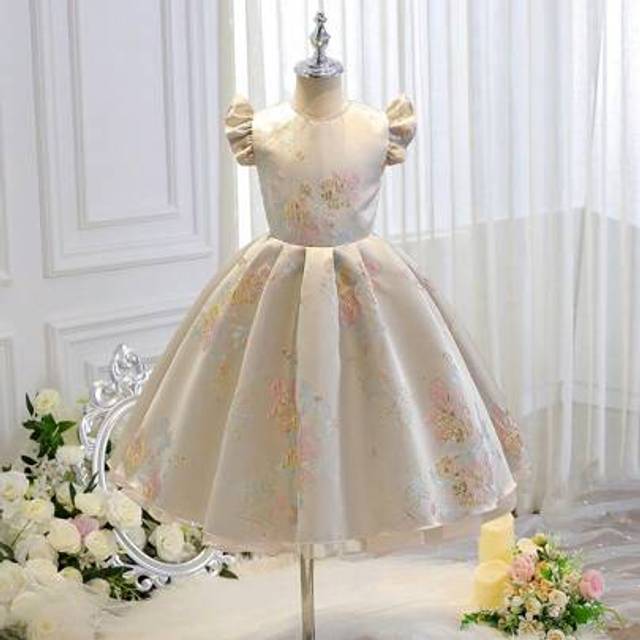 SHEIN Elegant Tween Girl Gold Thread Embroidery & Floral Print Brocade Cocktail Dress, Suitable For Ball, Wedding, Evening Party, Birthday Event