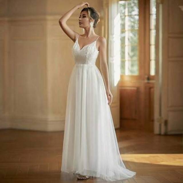 SHEIN Elegant Beaded Spaghetti Strap Mesh Wedding Dress For Prom, Party, Bridesmaids, White Graduation Dress, Wedding Guest Dress, Formal Dress, Evening Dre