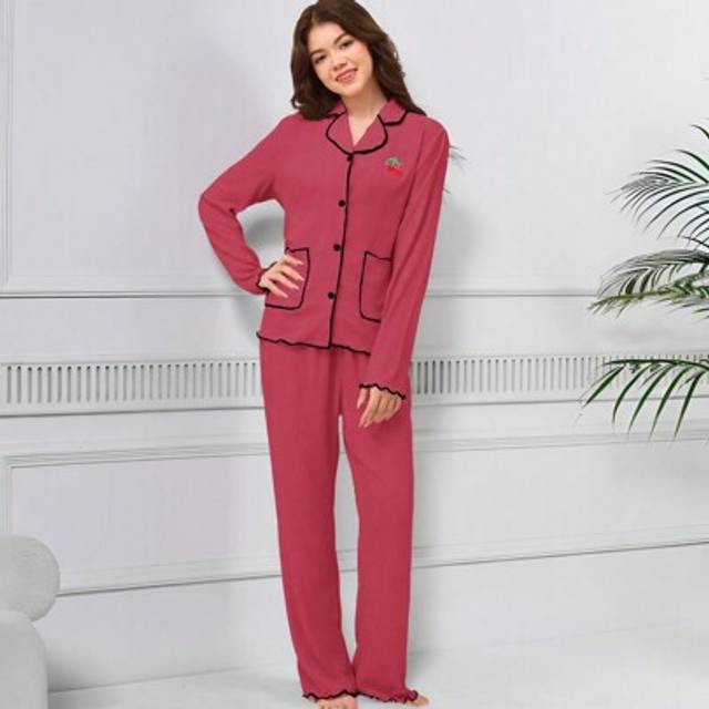 SHEIN Teen Girl 2 Pieces Pajama Sets, Pink Minimalist Cherry Embroidery Long Pants & Long Sleeve Shirt, Fashion Home Wear