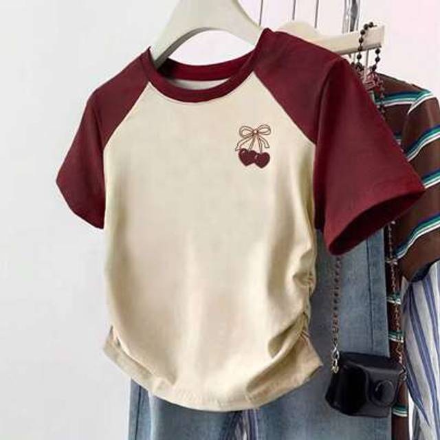 INAWLY Women&#39;s Cherry Print Color Block Ruched Short Sleeve T-Shirt