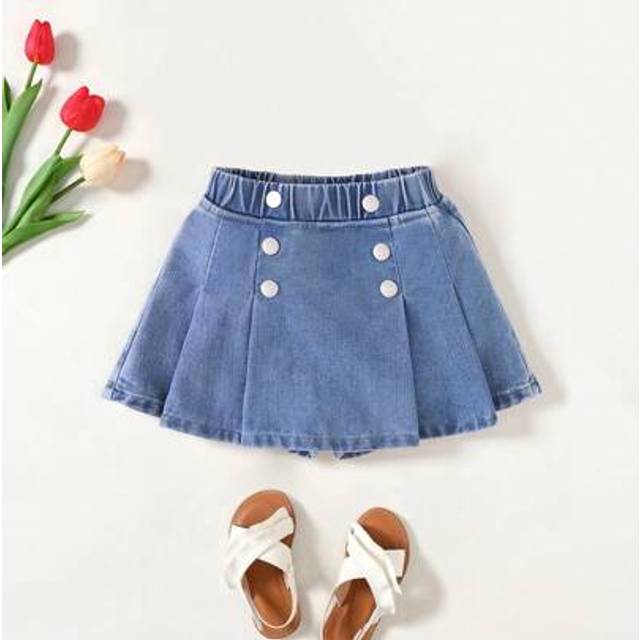SHEIN Denim Girls Casual Urban Cute Elastic Waist Pleated Skirt