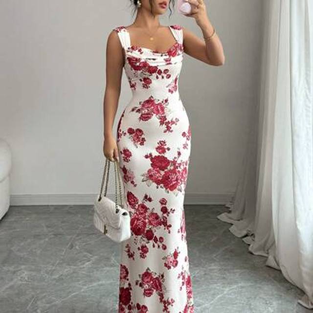 SHEIN Women&#39;s Draped Neck Rose Print Maxi Dress, Fashionable For Summer