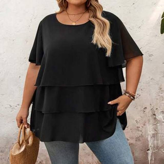 SHEIN Plus Size Women Black Chiffon Flowy Ruffle Hem Short Sleeve Blouse, Casual Vacation And Beach Bohemian Apparel For Summer,Curve Plus ,Hoho Vacationbea