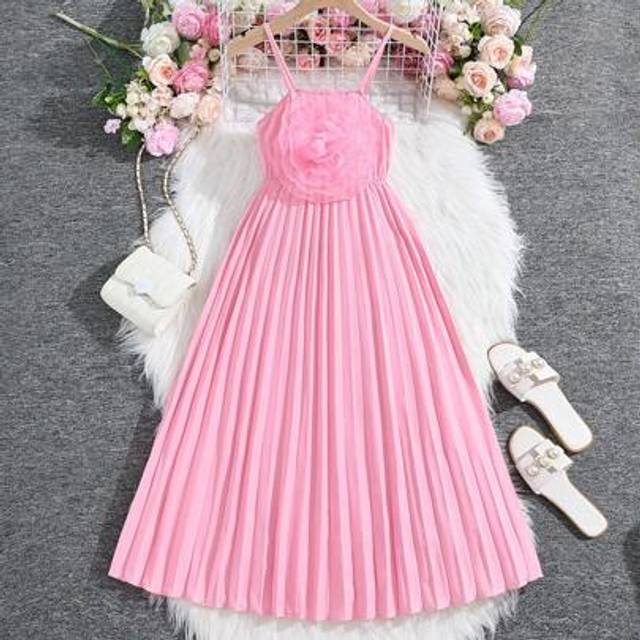 SHEIN Tween Girls Simple Fashion Solid Color Spaghetti Strap Big Flower Decor Dress, Pink