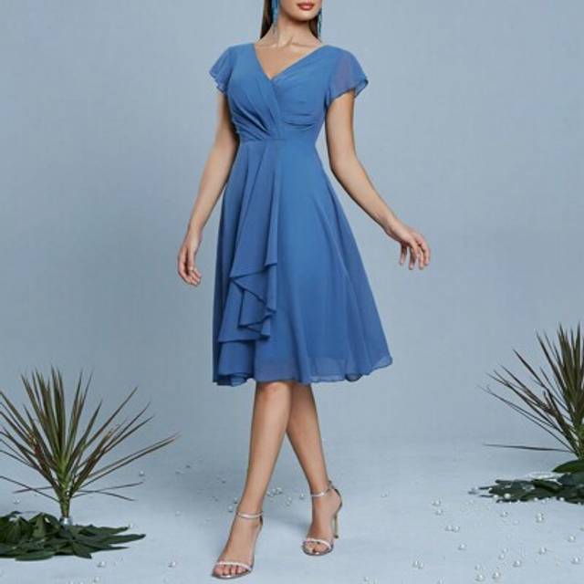 SHEIN Mgiacy New Arrival V Neck Haze Blue Bridesmaid Dress Butterfly Sleeve Ruched Chiffon Mini Dress