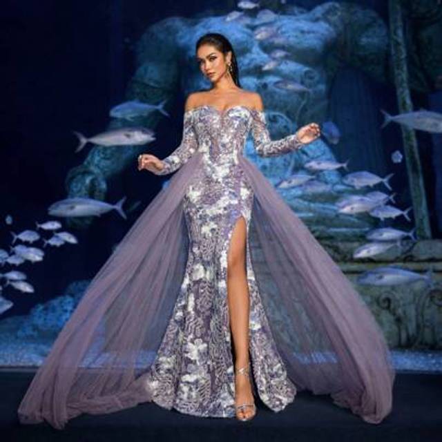 SHEIN Luxury Elegant Off-Shoulder Beaded Evening Gown With Mesh Overlay & Floral Sequin Patterns - Perfect For Luxury Weddings, Metaverse Galas & Red Carpet