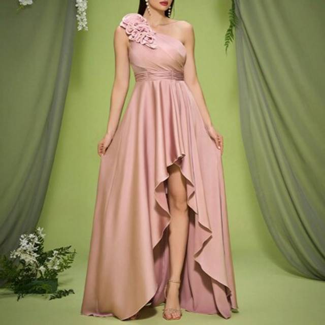 SHEIN Mgiacy New Arrival Asymmetrical Neck Romantic Bridesmaid Dress 3D Floral Ruched Long Dress, Party Dress, Wedding Guest Cocktail Dress