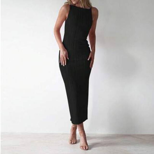 SHEIN Elegant Basic Casual Textured Fabric Chic Minimalist Design 3D Line Detail Fitted Slim Straight Midi Dress