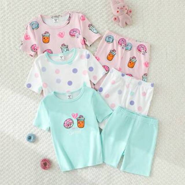 SHEIN 6pcs/Set Young Girl Colorful Polka Dot Donuts & Bubble Tea Print Snug Fit Short Sleeve Top And Shorts Loungewear Set Fathers Day Gifts Puppy Summer Be