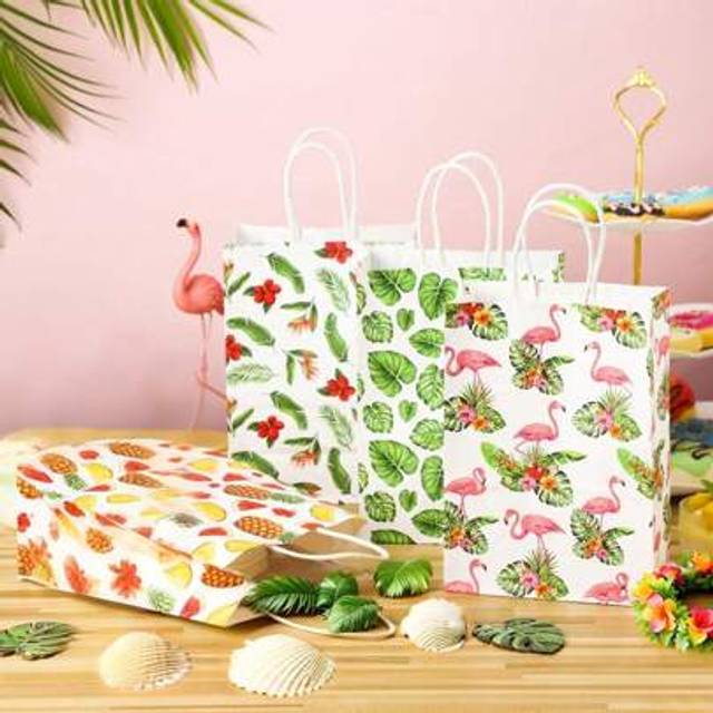 SHEIN 12pcs Hawaiian Gift Bags Summer Beach Favor Bags With Handles Hawaiian Tropical Party Supplies, Hawaiian Gift Bags, Tropical Gift Bags With Palm Leaf