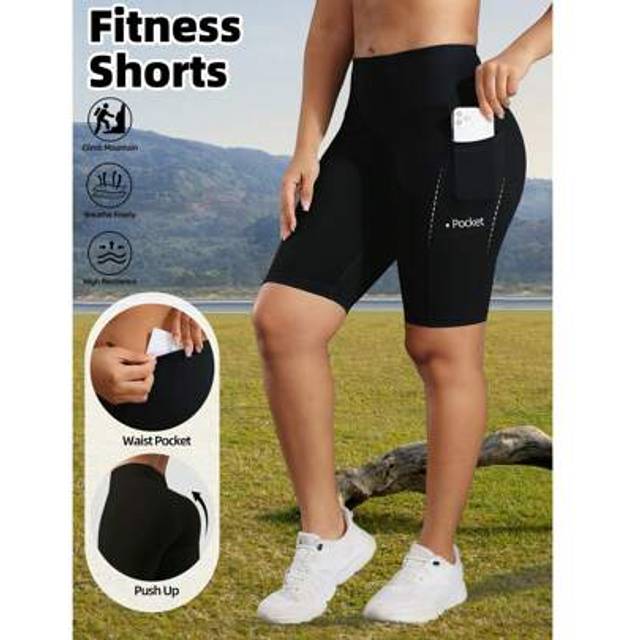 SHEIN Women&#39;s High Waist Cycling Shorts With Pockets, Outdoor Sports Breathable Shorts With Built-In Pockets, Casual Black Tight Workout Shorts