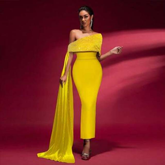 SHEIN Women&#39;s Beaded Tie Splice Off Shoulder Bodycon Dignified Evening Maxi Dress, Autumn