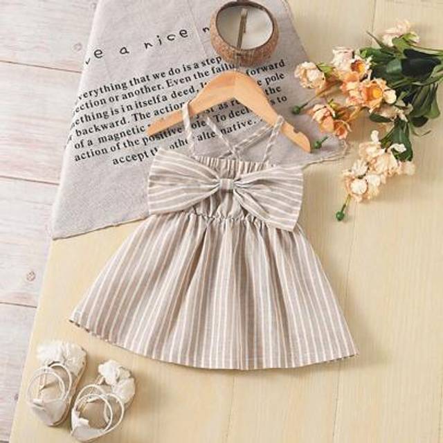 SHEIN Toddler Girls&#39; Blue & White Striped Casual Strap Dress For Spring/Summer, Loose Fit, Suitable For Beach Vacation, Park Stroll, Daily Wear