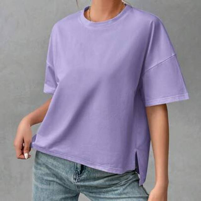 SHEIN Women&#39;s Solid Color Round Neck Drop Shoulder Sleeve Minimalist Basic High Low T-Shirt