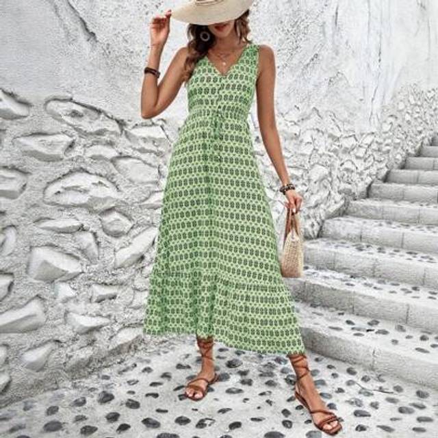 Breezaya Women&#39;s Sleeveless Geometric Print Dress With Ruffled Hemline Maxi Women Outfit