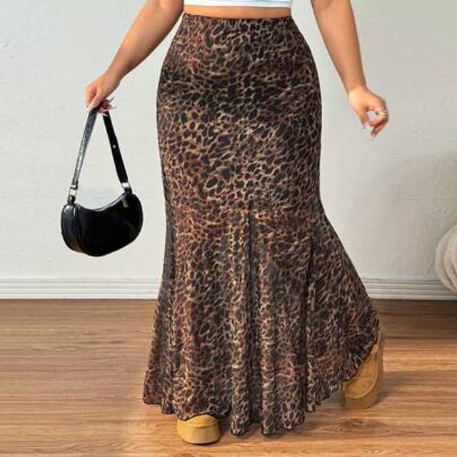 SHEIN Plus Size Vintage Leopard Print Mesh Mermaid Long Skirt