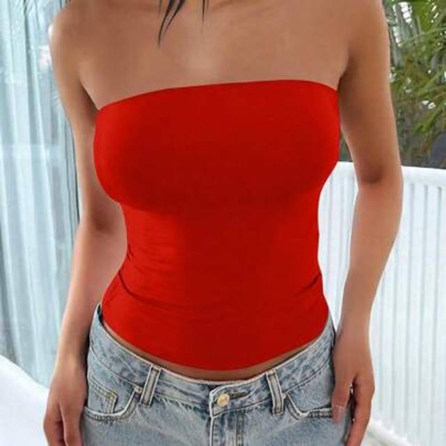 SHEIN Vaiaye Christmas Red Sexy Strapless Basis Fashion Solid Elastic Slim Fit Tube Top For Women Four Seasons Wear,Suitable For Club,Sport,Dailywear,Homewe
