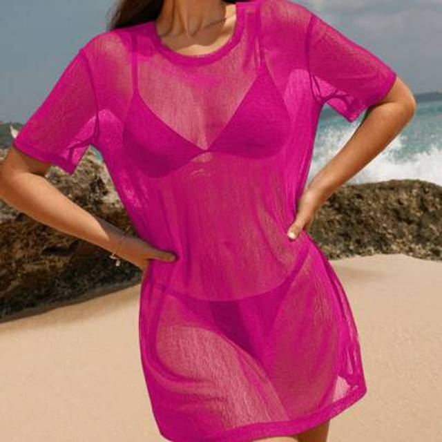 Swim Vcay Neon Pink Casual Loose Beach Cover Up Short Sleeve Tops, Festival Holiday Bohemian Pullover For Party Spring Summer Women Beachwear Cover Up Beach Cov