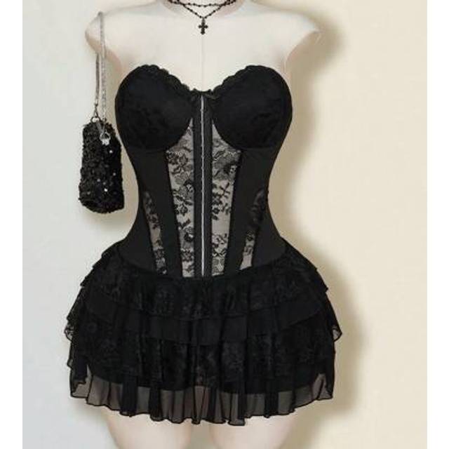 SHEIN Plus Size Black Bandeau Bustier Lace Patchwork Ruffled Mini Dress,Corset Dress For Women