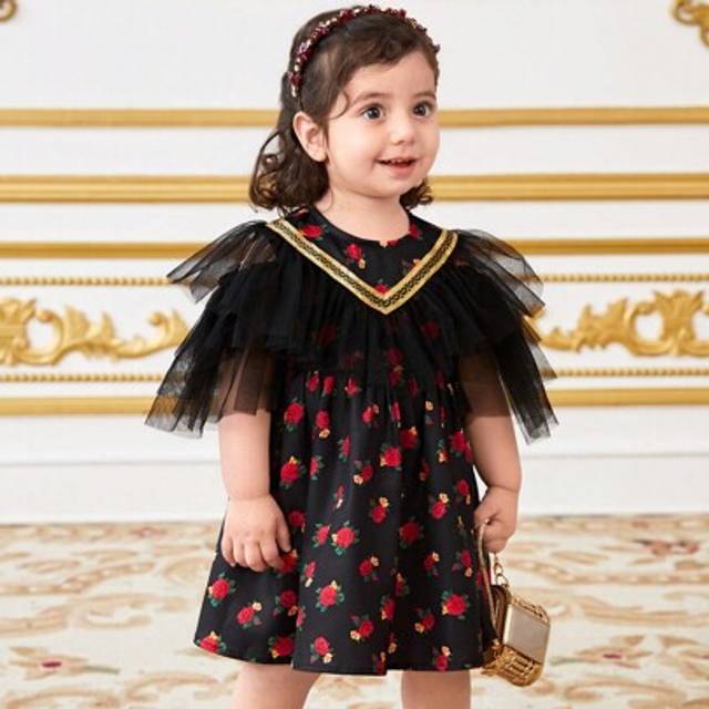 SHEIN Baby Girl Elegant Black Floral Mesh Overlay Summer Dress