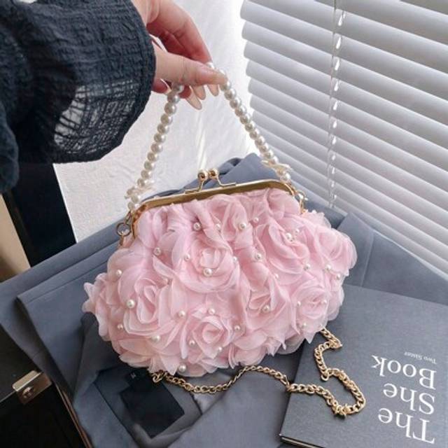 SHEIN 2pc/Set White Romantic Pearl Net Flower Decor Clutch Bridal Bag With Pearl Handle, Women High-End Luxury Dress Party Handbag For Wedding, Spring-Summe