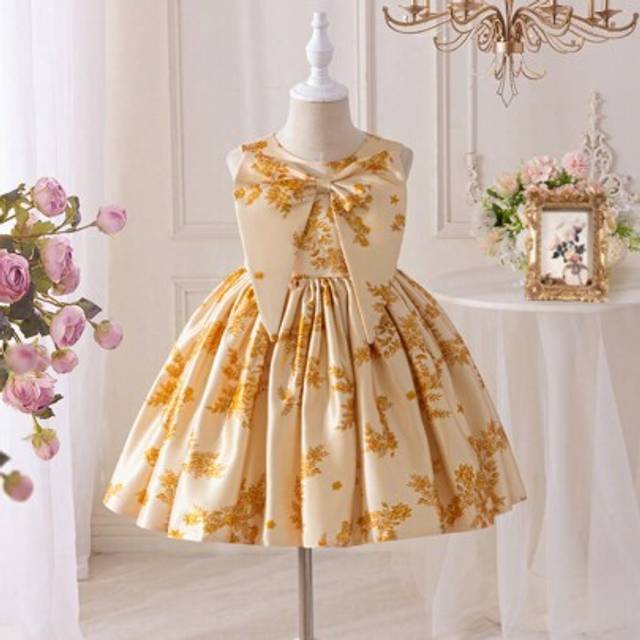 SHEIN 4-Season Girls&#39; Party Dress, Stain Dresses,Champagne Color With Waistline Bow, Elegant Prom Dress For Banquet