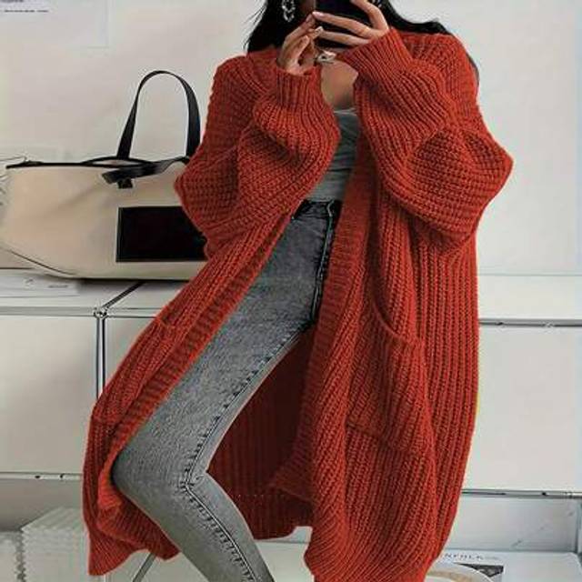 SHEIN Plus Size Women V-Neck Pockets Long Sleeve Ribbed Knit Cardigan Sweater
