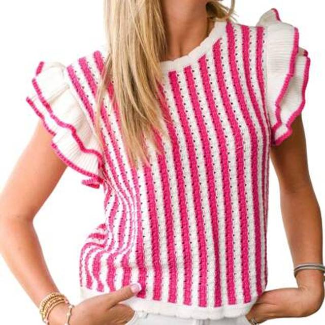 SHEIN Mother&#39;s Day Independence Day Graduation Season Birthday Gift New Casual, Elegant And Fashionable Women&#39;s Hollowed Out Design Vertical Stripe Short Sl