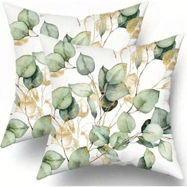 SHEIN 2 Packs Eucalyptus Leaf Pillow Covers, Watercolor Sage Green With Golden Leaves, Contemporary Style, Zippered Polyester Throw Pillow Cases For Bed, Co