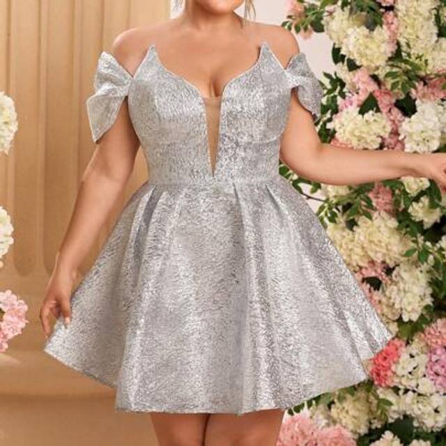 Glamrae Plus Size Elegant Luxurious Gold Jacquard Off-Shoulder Long Sleeve A-Line Cocktail Party Mini Dress, Wedding Guest Dress, Prom Dress