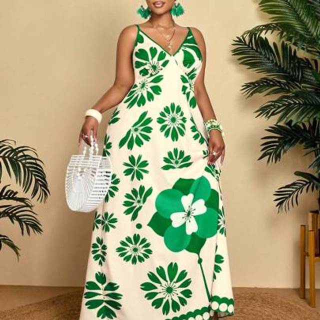 SHEIN Women&#39;s Plus Size Summer Sexy Resort Floral Print V-Neck Open Back Sundress, Tropical Healing, Vacation Casual, Fresh Sunshine (Random Printing)