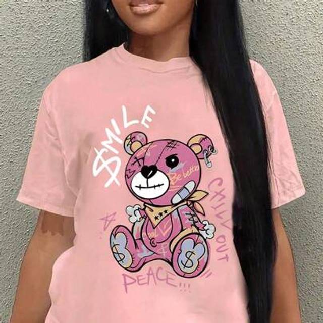 SHEIN Teen Girl Bear Print Graphic Tees For Girl Short Sleeve T Shirts,Teen Girl&#39;s Summer Tops Crewneck Shirt Blouse