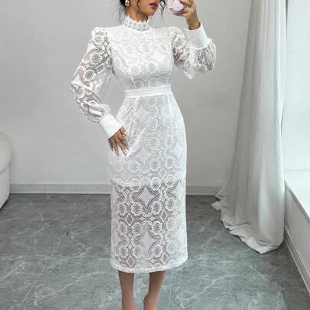 SHEIN Women&#39;s White Wedding Lace Patchwork Bridesmaid Dress