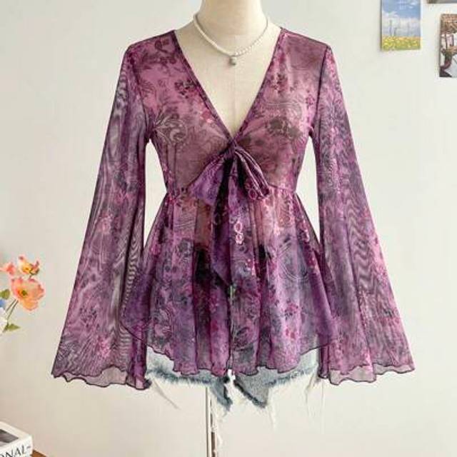 Soleia Holiday Season Women&#39;s Retro Print V-Neck Tie Front Bow Flare Sleeve Asymmetrical Hem Blouse, Fall&Winter Women Clothes,Long Sleeve Shirt,Thanksgiving