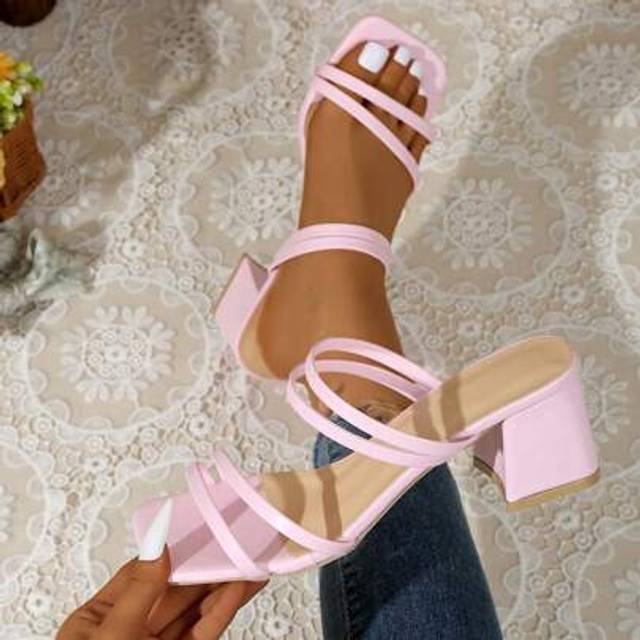 SHEIN New Design Women Outdoor Fashion White Chunky Heel Sandals, Black High Heel Sandals
