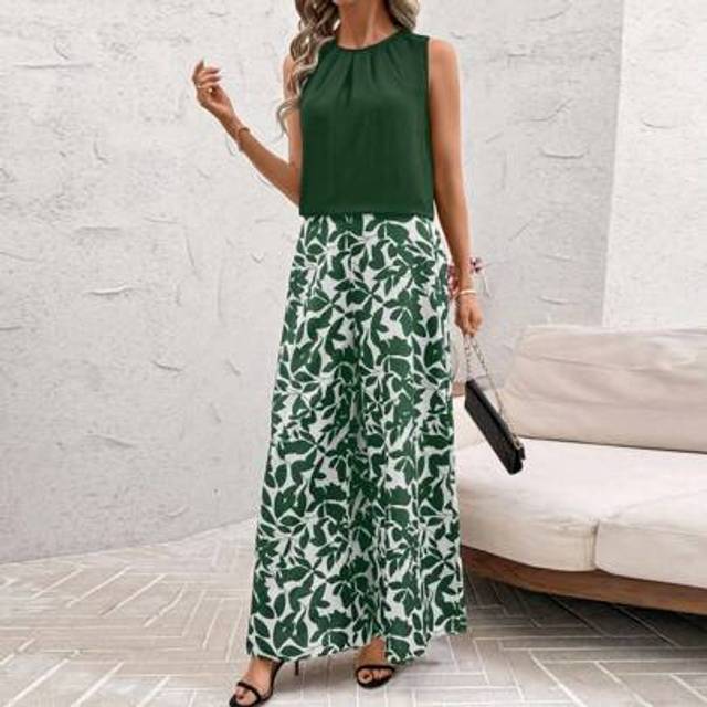 SHEIN Summer Elegant Women&#39;s Black Collar Pleated Vest And Elastic Floral Print Pants Two Pieces Set, Suitable For Wearing In Various Occasions